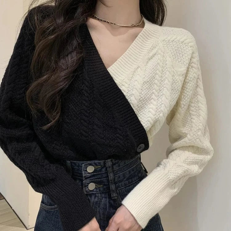 Free / 1 2024 Spring woman v-neck long sleeve  color bumping high quality soft casual style sweater cardigan