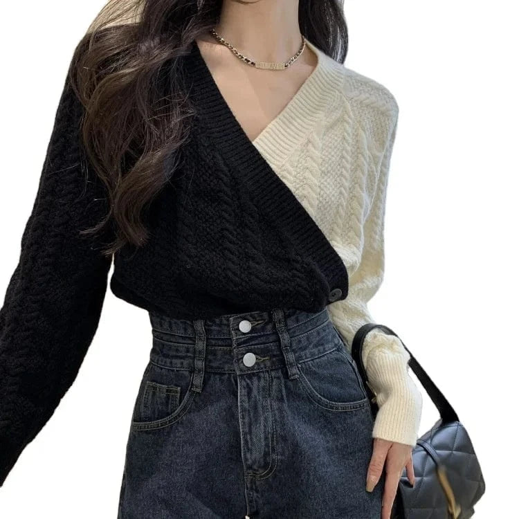 Free / 1 2024 Spring woman v-neck long sleeve  color bumping high quality soft casual style sweater cardigan
