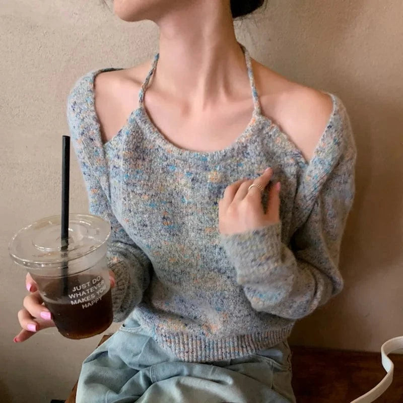 Free / 1 2024 Spring women new arrival long sleeve sexy off-shoulder sweater jumper halter top