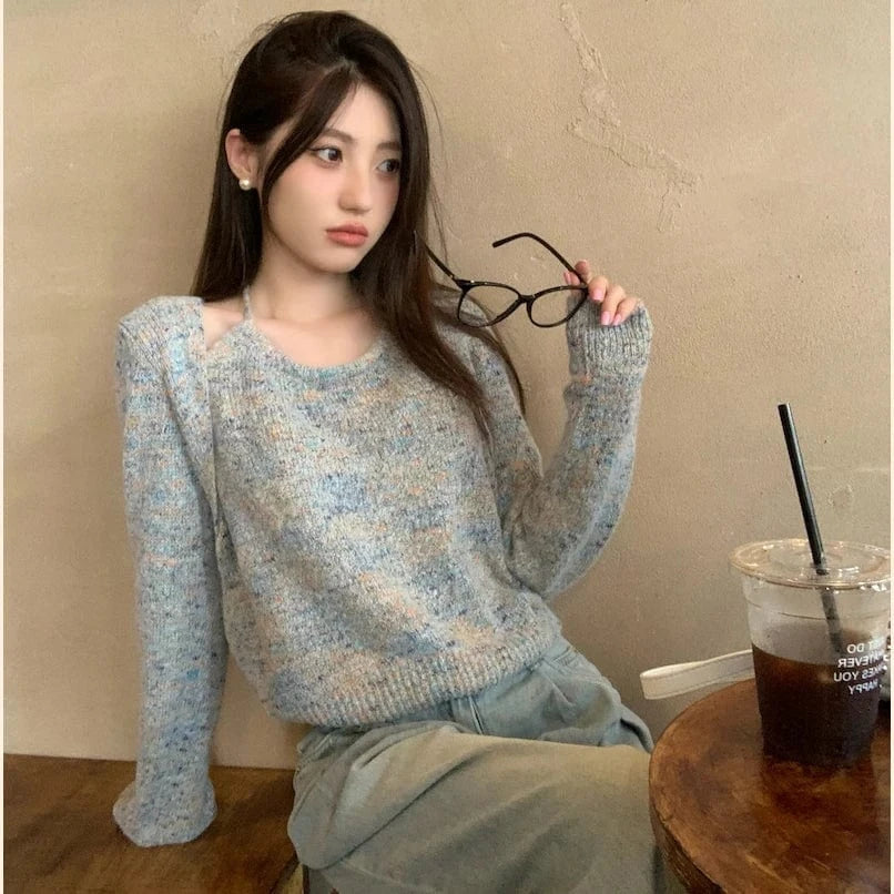 Free / 1 2024 Spring women new arrival long sleeve sexy off-shoulder sweater jumper halter top