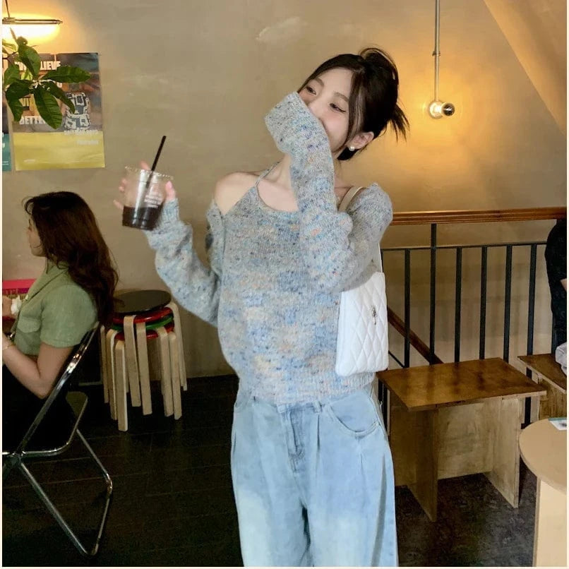 Free / 1 2024 Spring women new arrival long sleeve sexy off-shoulder sweater jumper halter top