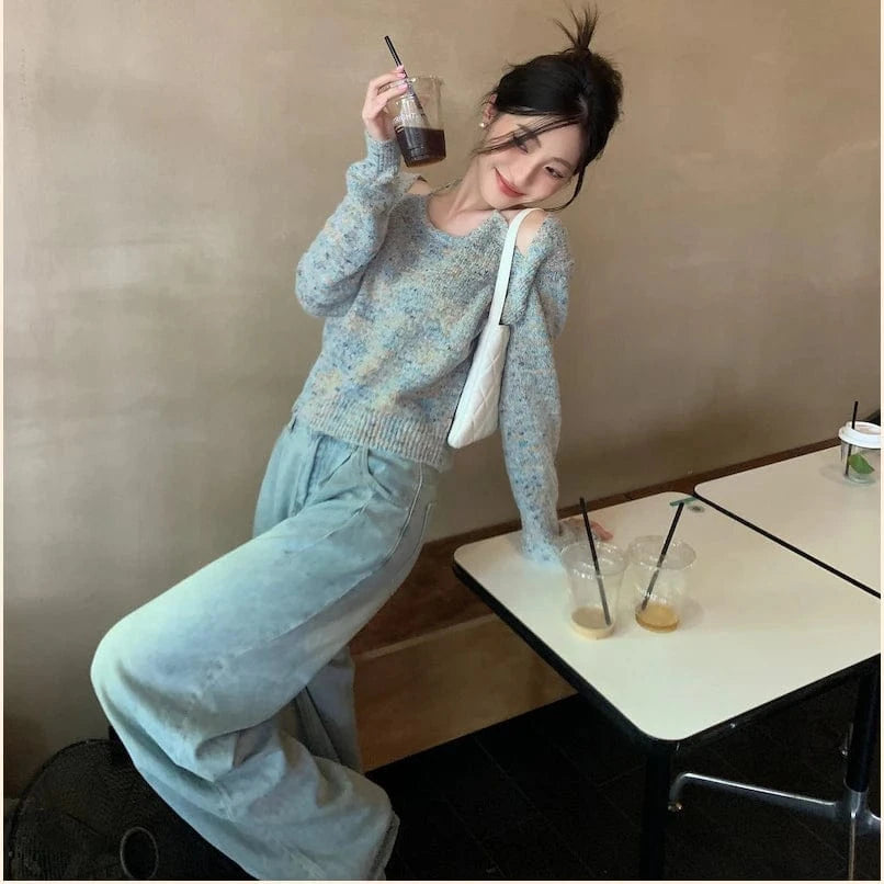 Free / 1 2024 Spring women new arrival long sleeve sexy off-shoulder sweater jumper halter top