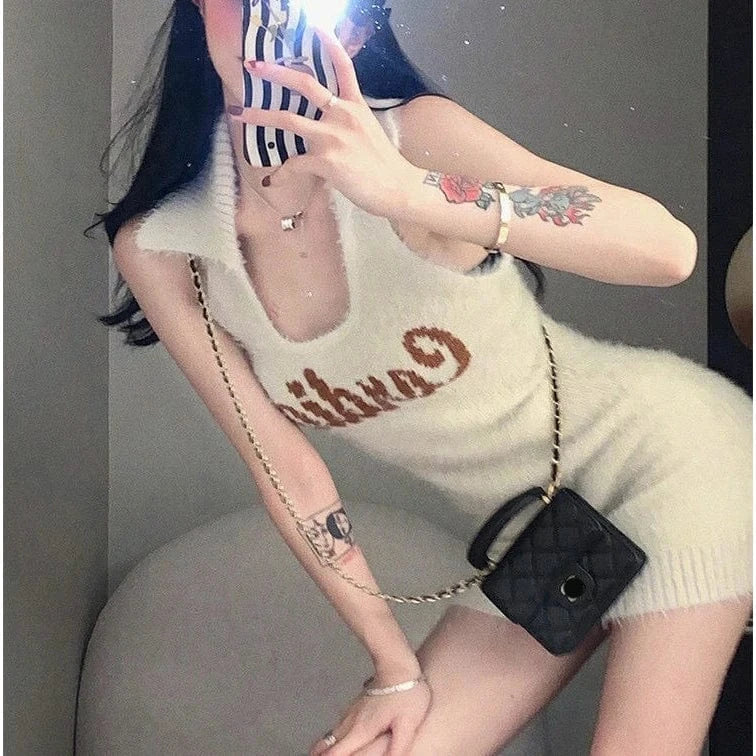 Free / 1 2024 Spring women new arrival open chest long sleeve solid cardigan sleeveless jumper dress sweater set