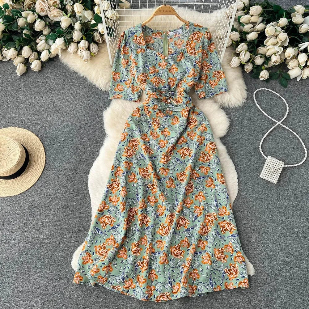Free / 1 Customized Korean Retro Floral Mid Length Slim Fit Holiday Summer Dress