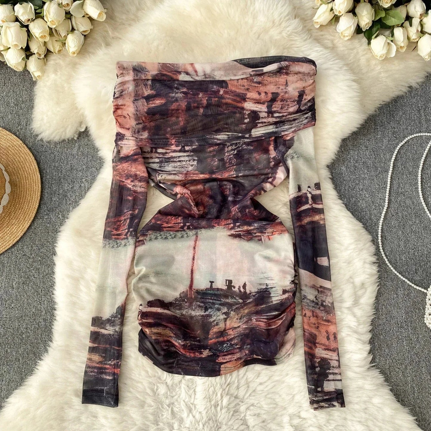 Free / 10 2024 Fashion Retro Mixed-color Tie-dyed Sexy Hot Girl Off-shoulder Versatile T-shirt Women