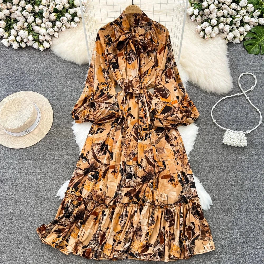 Free / 10 Autumn Vintage Chic Ribbon Bow Knot Long Sleeve Ruffles Patchwork Midi Dress Women Retro Dresses Clothing
