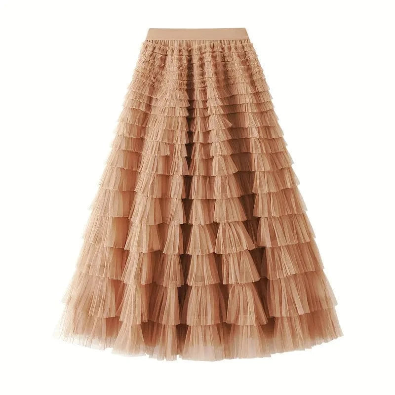Free / 17 Mesh Ruffled Temperament  Women Skirt  Spring Summer Autumn New Fashion  Long  Thin Casual Daily Cake Skirt
