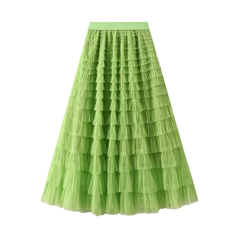 Free / 18 Mesh Ruffled Temperament  Women Skirt  Spring Summer Autumn New Fashion  Long  Thin Casual Daily Cake Skirt