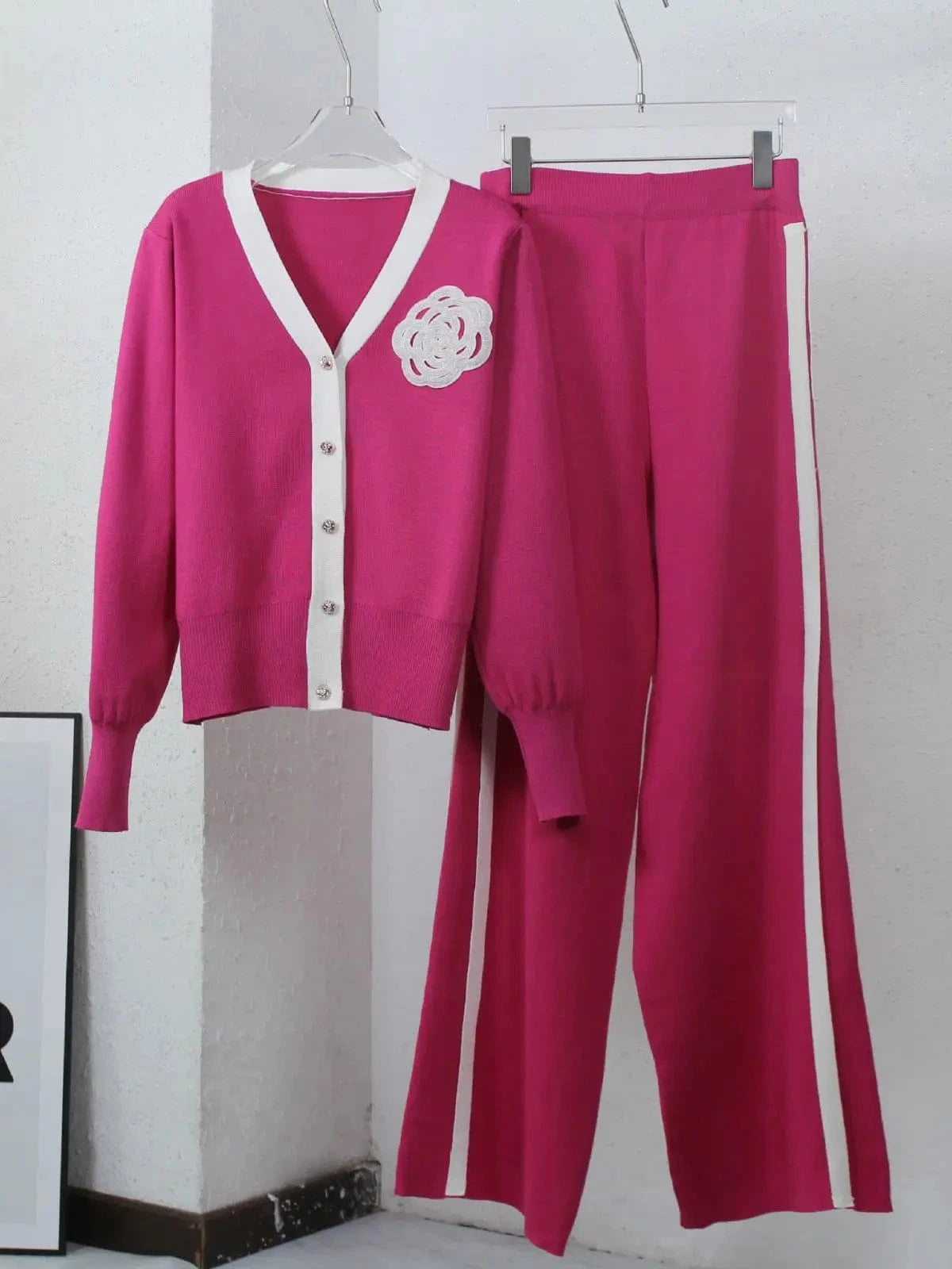 Free / #2 2024 Autumn And Winter New Sweater Set V-neck Long-sleeved Cardigan Top Loose Wide-leg Pants Two-piece Set