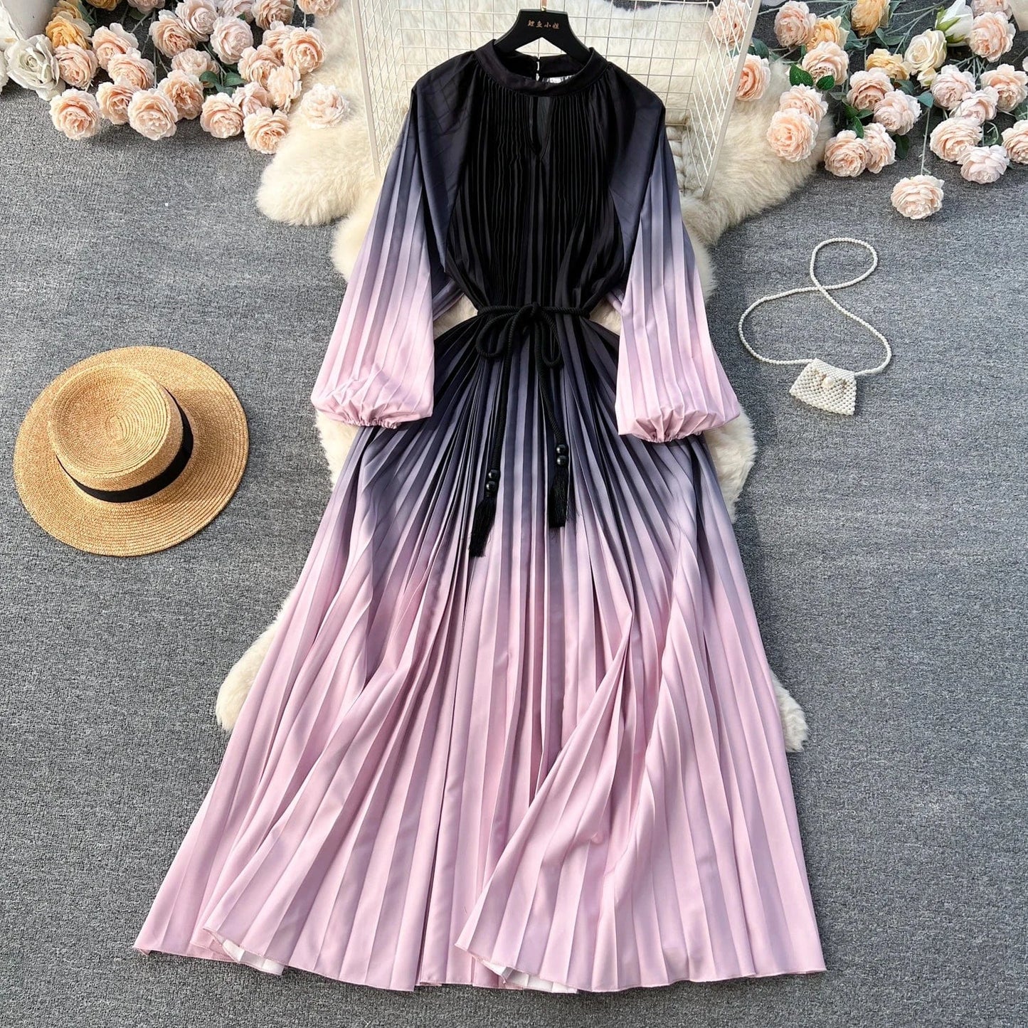 Free / 2 2024 Autumn Vintage Tunic Slim Pleated Dress For Women O-neck Long Sleeve Printed Lace Dresses Ladies Retro Dresses Clothes Wome