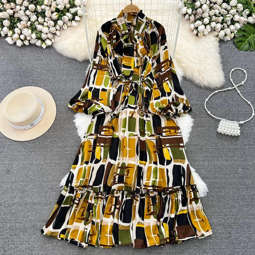 Free / 2 Autumn Vintage Chic Ribbon Bow Knot Long Sleeve Ruffles Patchwork Midi Dress Women Retro Dresses Clothing