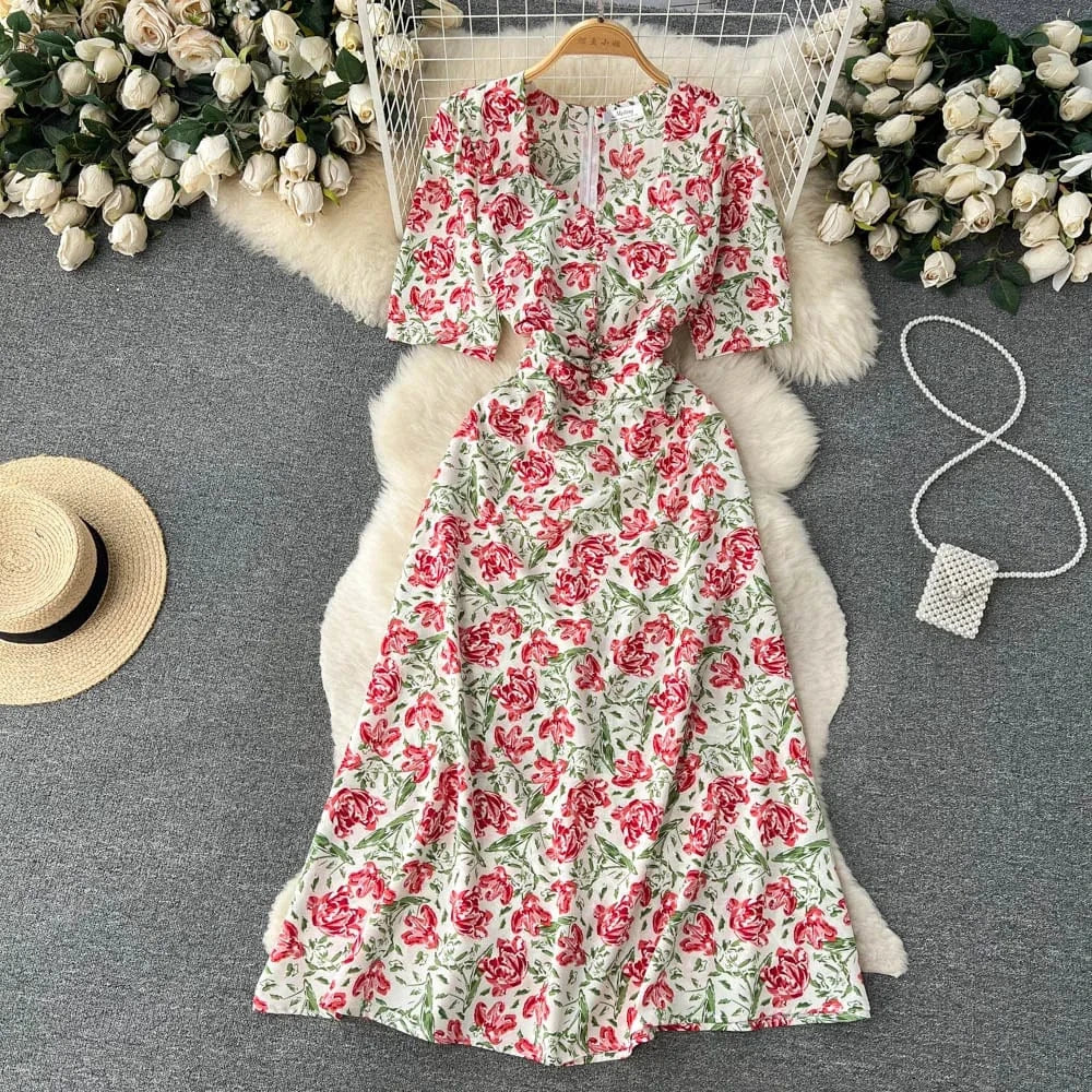 Free / 2 Customized Korean Retro Floral Mid Length Slim Fit Holiday Summer Dress