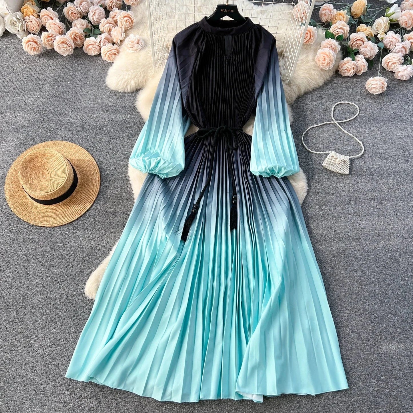 Free / 3 2024 Autumn Vintage Tunic Slim Pleated Dress For Women O-neck Long Sleeve Printed Lace Dresses Ladies Retro Dresses Clothes Wome