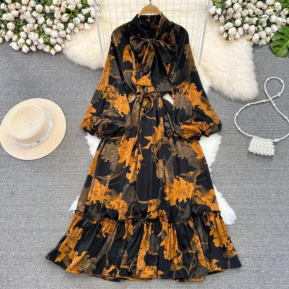 Free / 3 Autumn Vintage Chic Ribbon Bow Knot Long Sleeve Ruffles Patchwork Midi Dress Women Retro Dresses Clothing