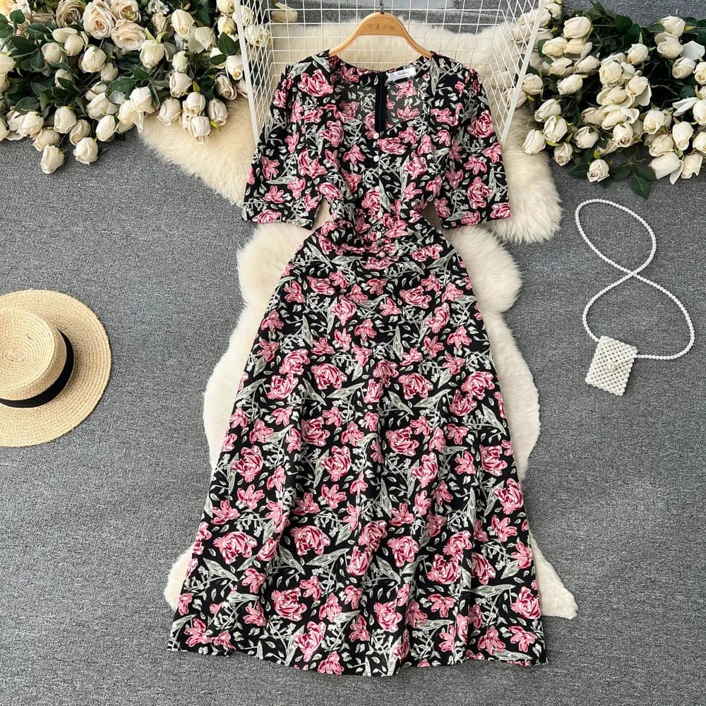 Free / 3 Customized Korean Retro Floral Mid Length Slim Fit Holiday Summer Dress