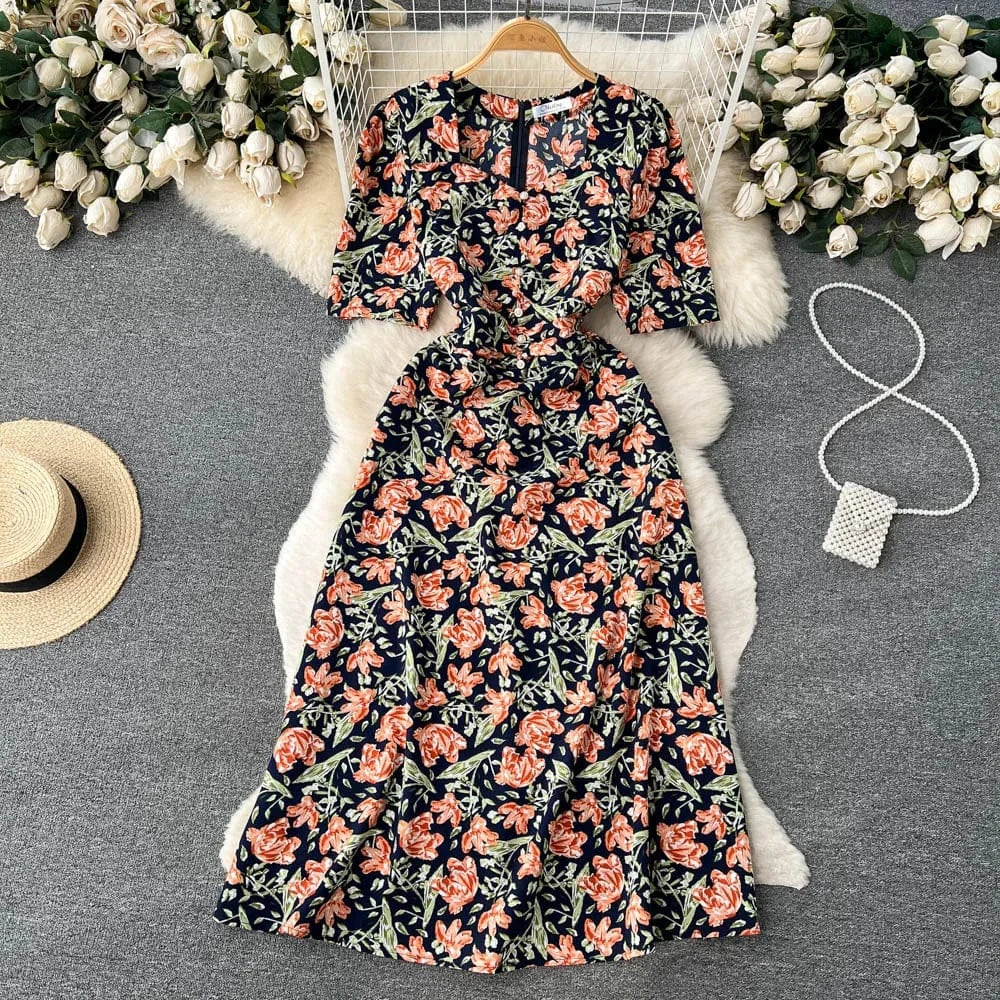 Free / 4 Customized Korean Retro Floral Mid Length Slim Fit Holiday Summer Dress