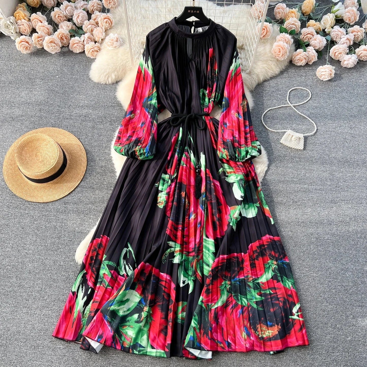 Free / 5 2024 Autumn Vintage Tunic Slim Pleated Dress For Women O-neck Long Sleeve Printed Lace Dresses Ladies Retro Dresses Clothes Wome