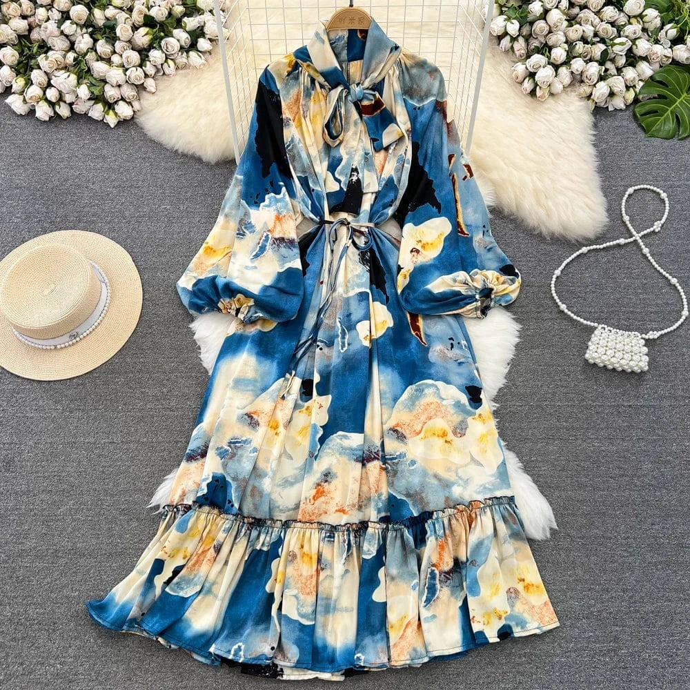 Free / 5 Autumn Vintage Chic Ribbon Bow Knot Long Sleeve Ruffles Patchwork Midi Dress Women Retro Dresses Clothing