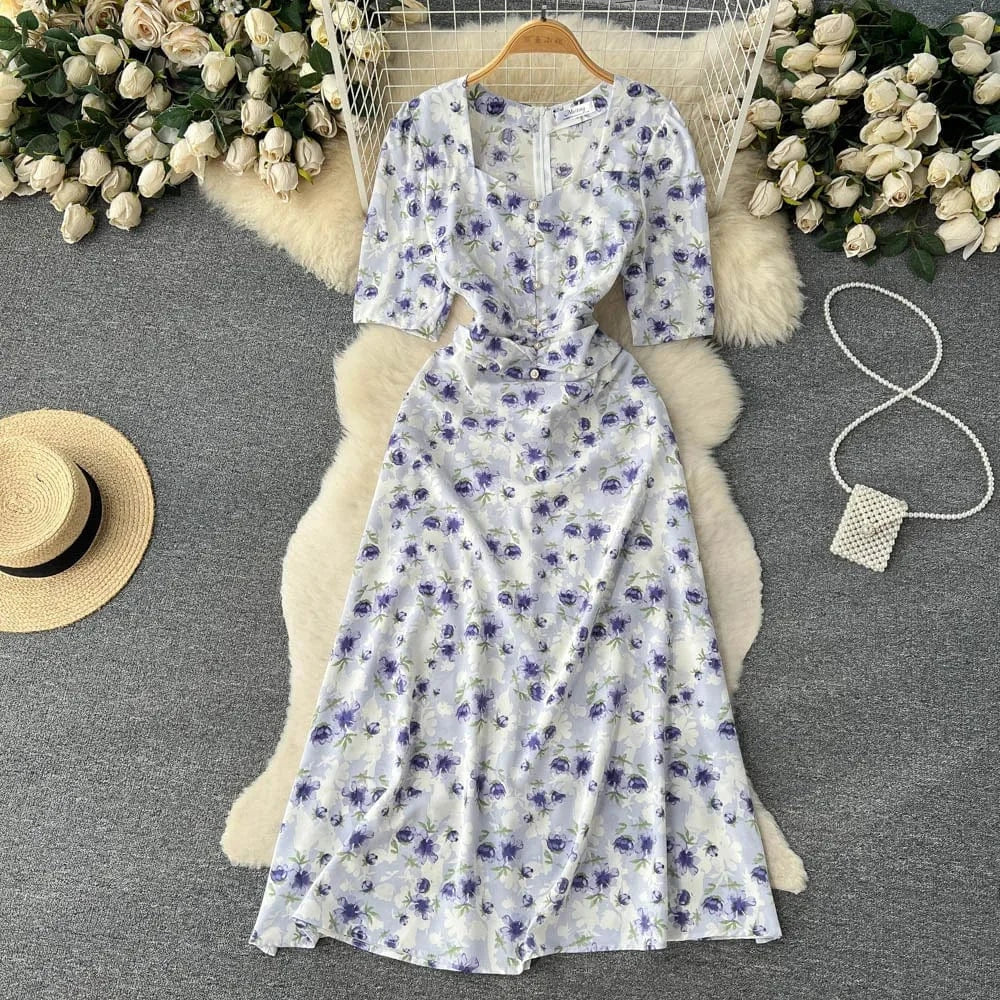 Free / 5 Customized Korean Retro Floral Mid Length Slim Fit Holiday Summer Dress