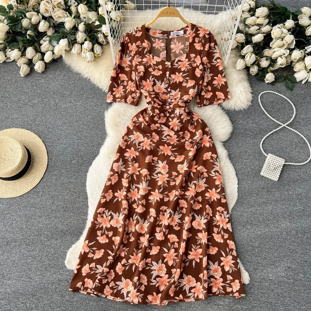 Free / 6 Customized Korean Retro Floral Mid Length Slim Fit Holiday Summer Dress