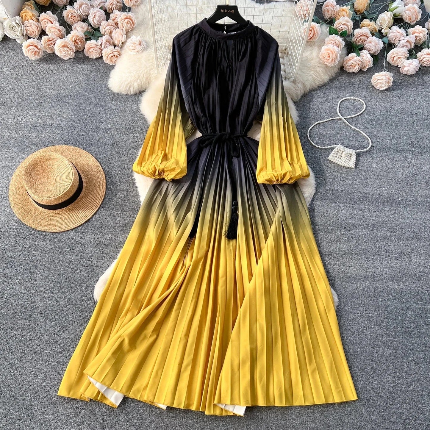 Free / 7 2024 Autumn Vintage Tunic Slim Pleated Dress For Women O-neck Long Sleeve Printed Lace Dresses Ladies Retro Dresses Clothes Wome