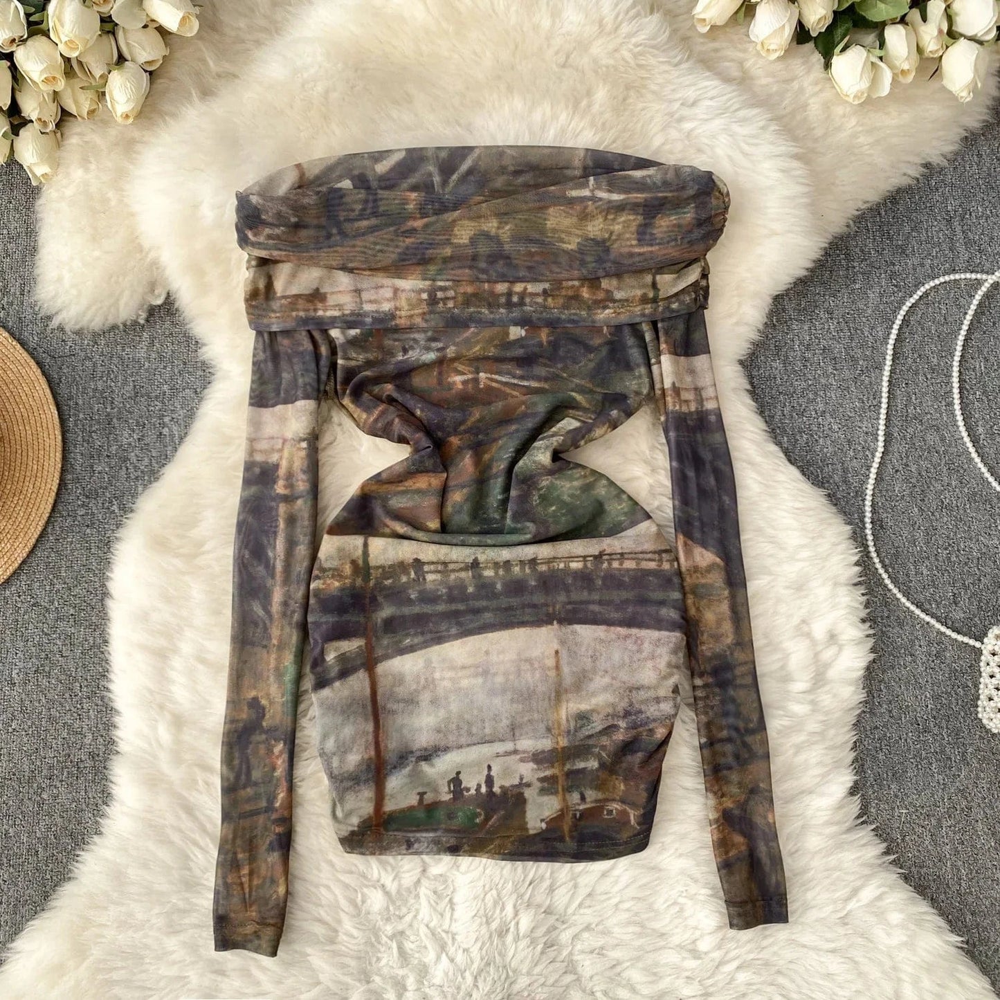 Free / 7 2024 Fashion Retro Mixed-color Tie-dyed Sexy Hot Girl Off-shoulder Versatile T-shirt Women