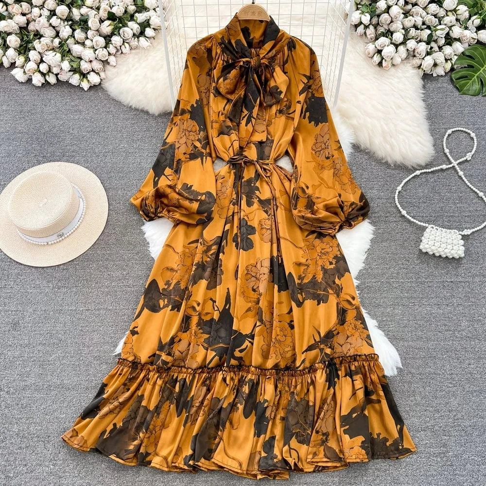 Free / 7 Autumn Vintage Chic Ribbon Bow Knot Long Sleeve Ruffles Patchwork Midi Dress Women Retro Dresses Clothing