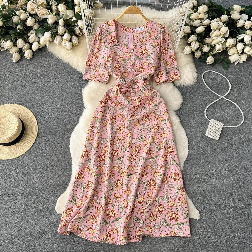 Free / 7 Customized Korean Retro Floral Mid Length Slim Fit Holiday Summer Dress