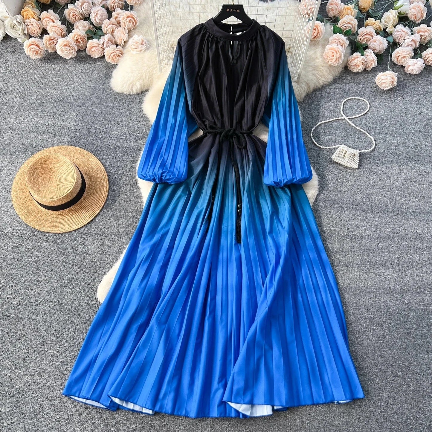 Free / 8 2024 Autumn Vintage Tunic Slim Pleated Dress For Women O-neck Long Sleeve Printed Lace Dresses Ladies Retro Dresses Clothes Wome