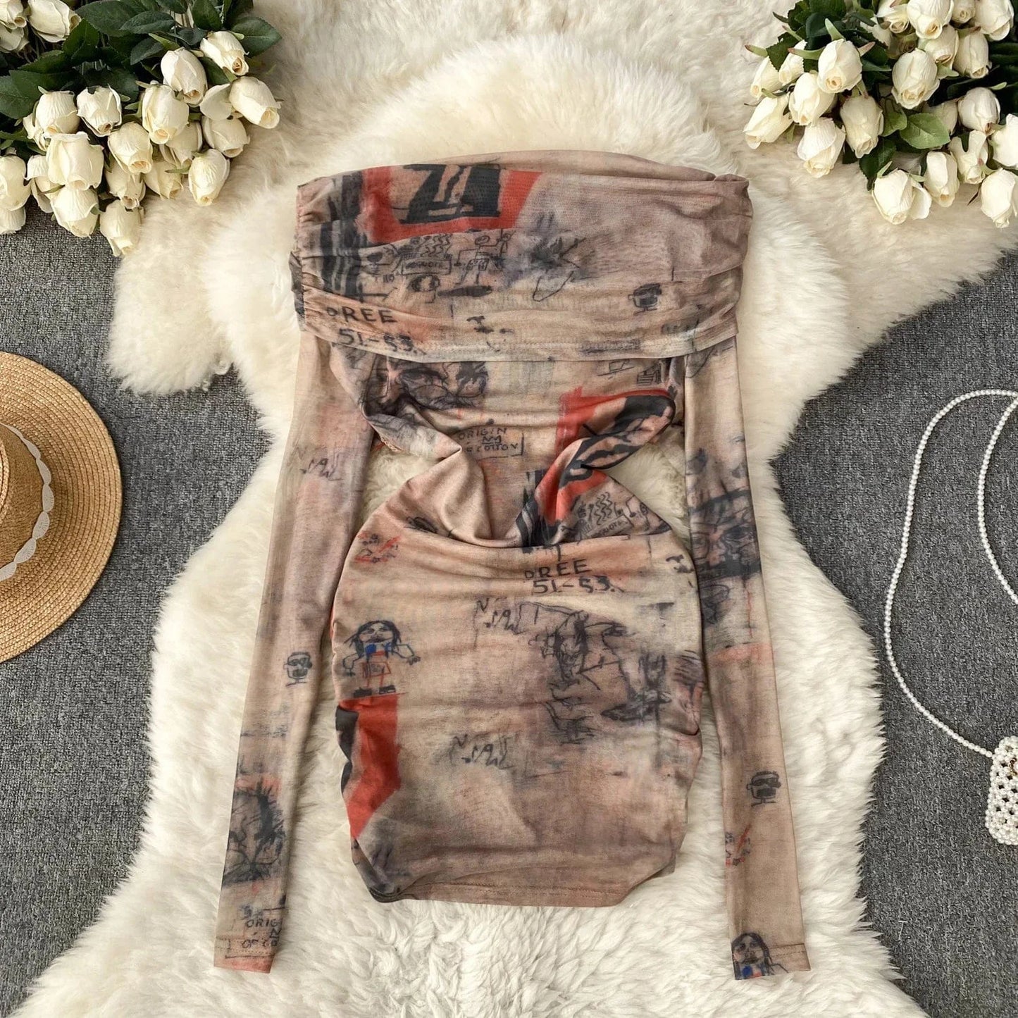 Free / 8 2024 Fashion Retro Mixed-color Tie-dyed Sexy Hot Girl Off-shoulder Versatile T-shirt Women