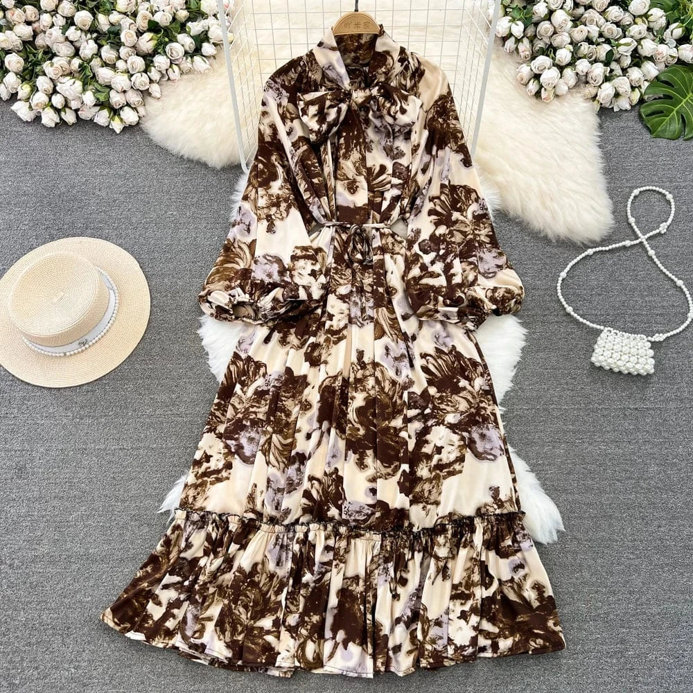 Free / 8 Autumn Vintage Chic Ribbon Bow Knot Long Sleeve Ruffles Patchwork Midi Dress Women Retro Dresses Clothing