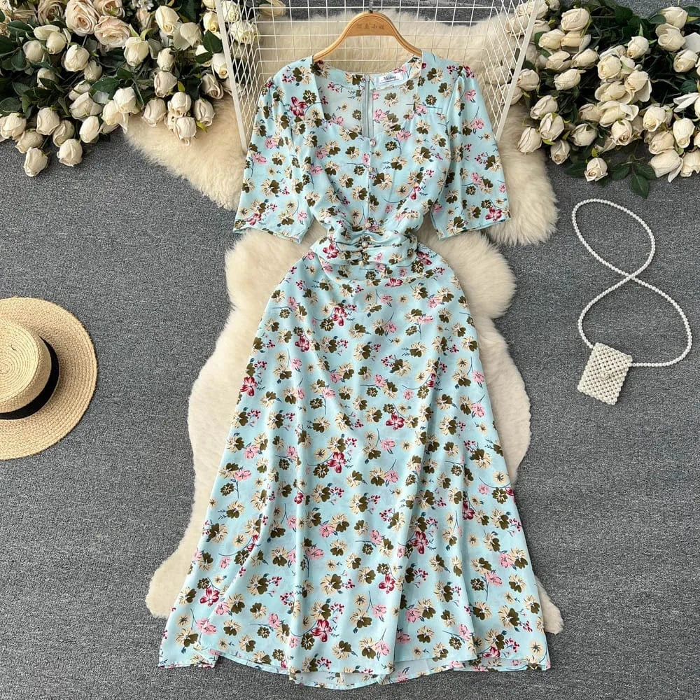 Free / 8 Customized Korean Retro Floral Mid Length Slim Fit Holiday Summer Dress