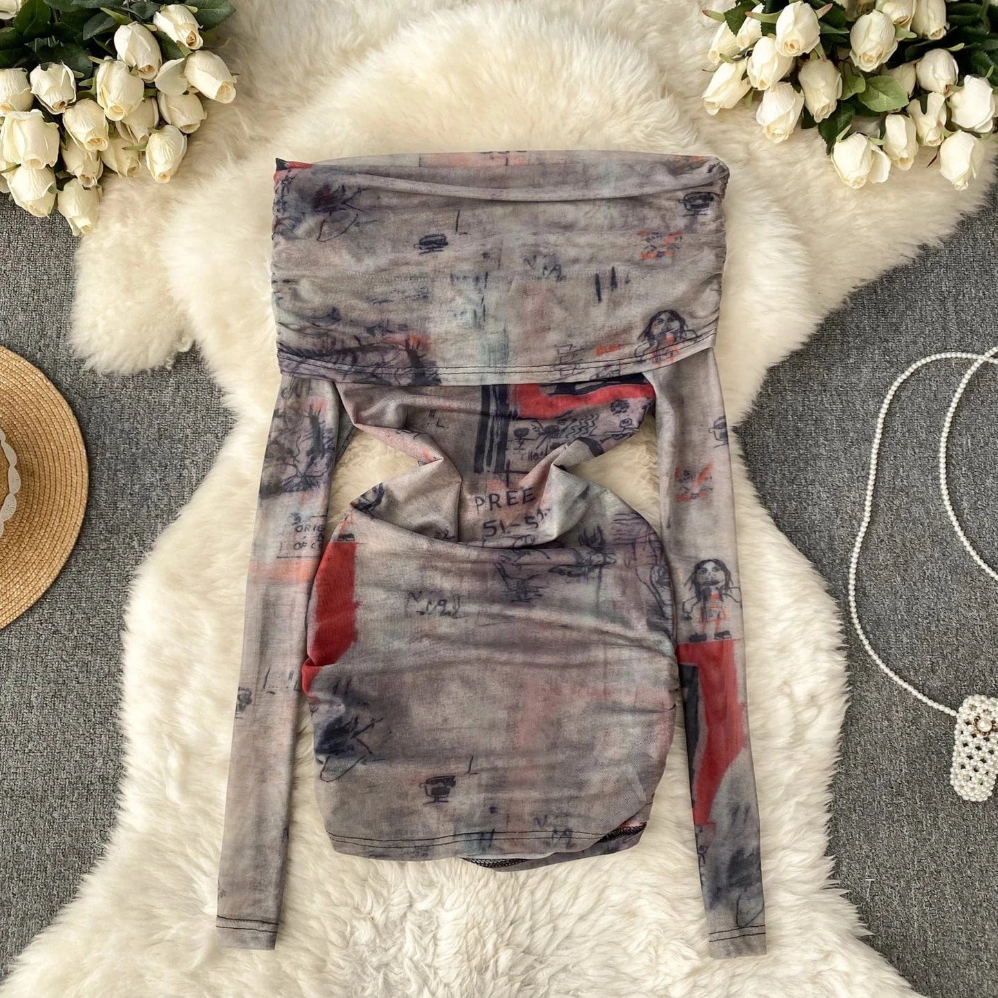 Free / 9 2024 Fashion Retro Mixed-color Tie-dyed Sexy Hot Girl Off-shoulder Versatile T-shirt Women