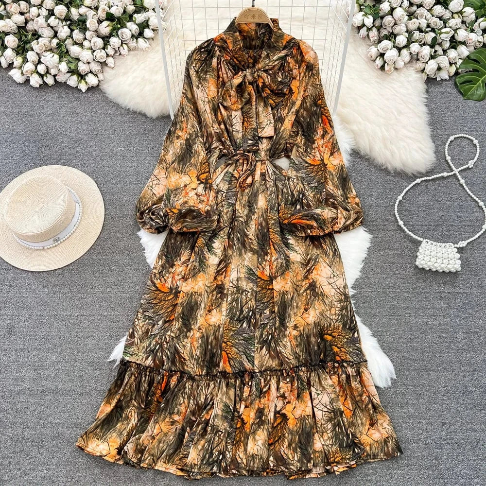 Free / 9 Autumn Vintage Chic Ribbon Bow Knot Long Sleeve Ruffles Patchwork Midi Dress Women Retro Dresses Clothing