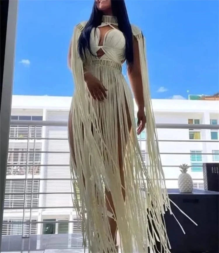 Free / A06-White Women's Hand Made Greek Goddess Roman Dress One Piece Dress Sexy Tassel Design Bohemia Vocation Beach Dress