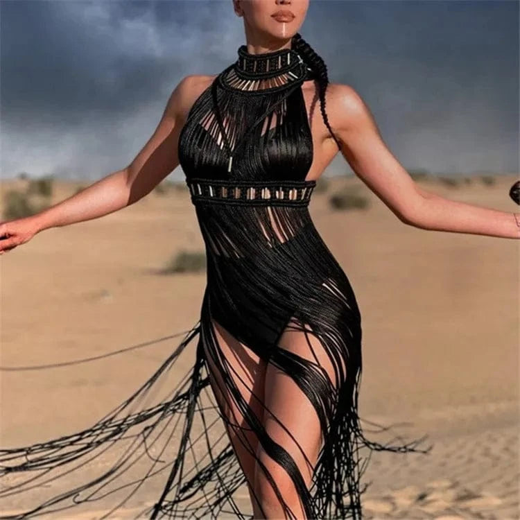Free / A07-Black Women's Hand Made Greek Goddess Roman Dress One Piece Dress Sexy Tassel Design Bohemia Vocation Beach Dress