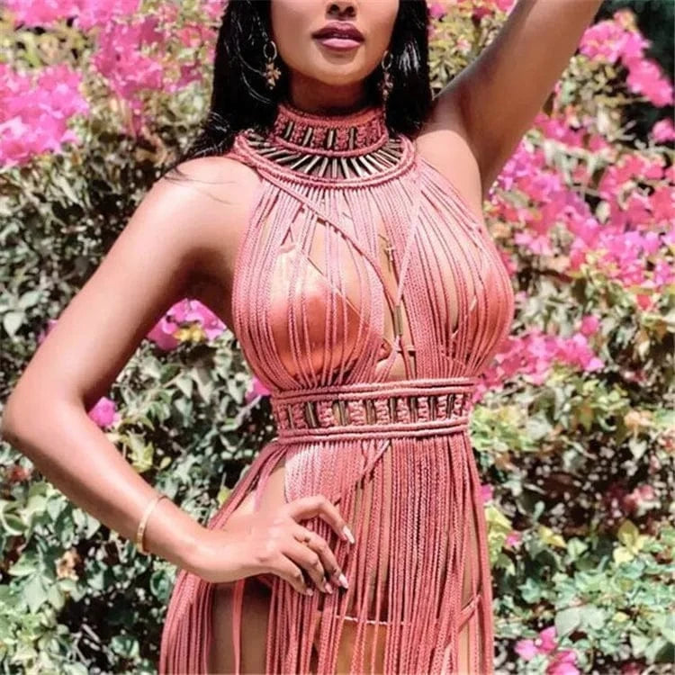 Free / A07-Pink Women's Hand Made Greek Goddess Roman Dress One Piece Dress Sexy Tassel Design Bohemia Vocation Beach Dress