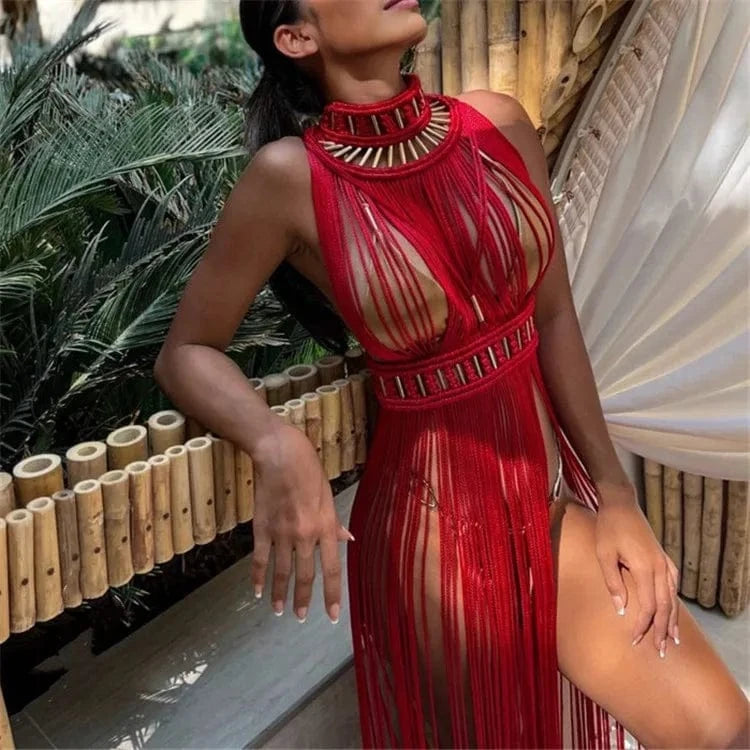 Free / A07-Red Women's Hand Made Greek Goddess Roman Dress One Piece Dress Sexy Tassel Design Bohemia Vocation Beach Dress