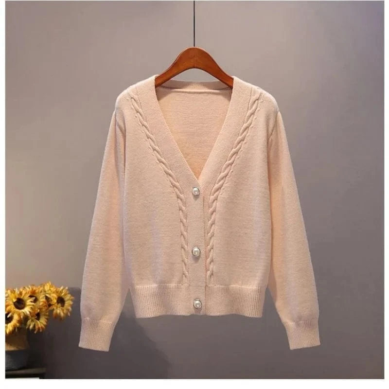 Free / apricot 2024 New Fashion Women Girls White Spring Autumn Sweater Cardigan Jacket Long Sleeve V-neck Button Casual Tops Knitwear Sweater
