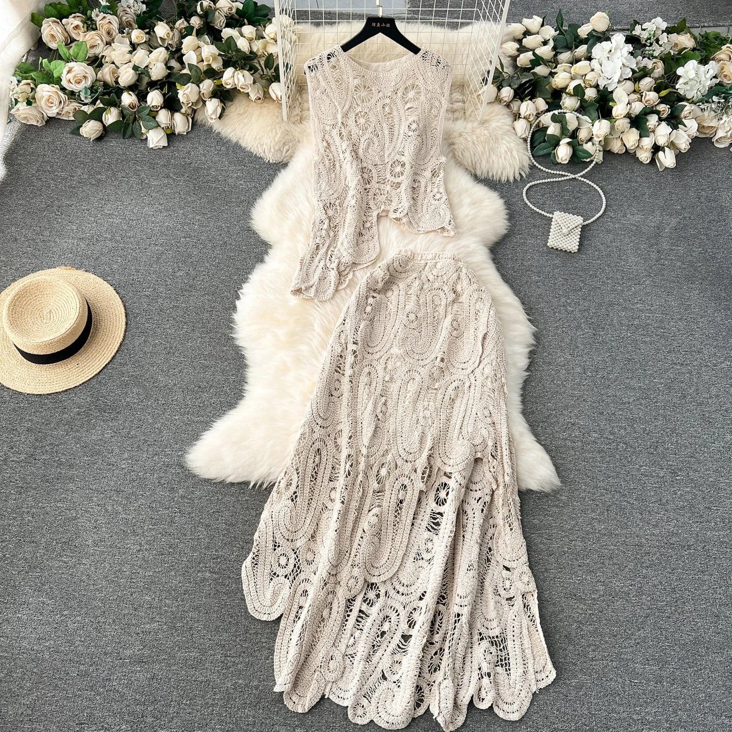 Free / apricot 2024 Sexy Crochet Outfit Sleeveless Top And Midi Skirt 2 Piece Set For Women