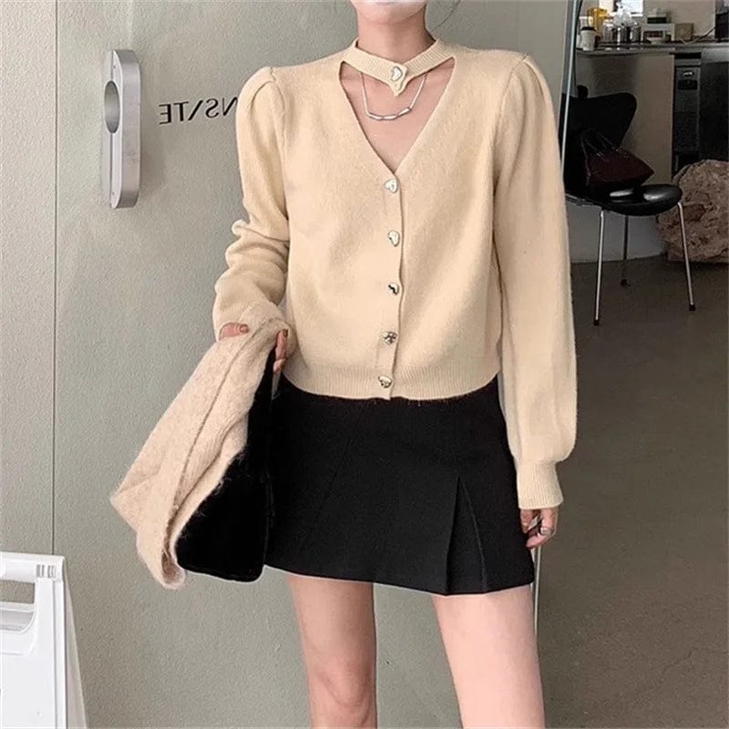 Free / Apricot 2024 Spring new arrival v-neck long sleeve solid halter sexy sweater cardigan