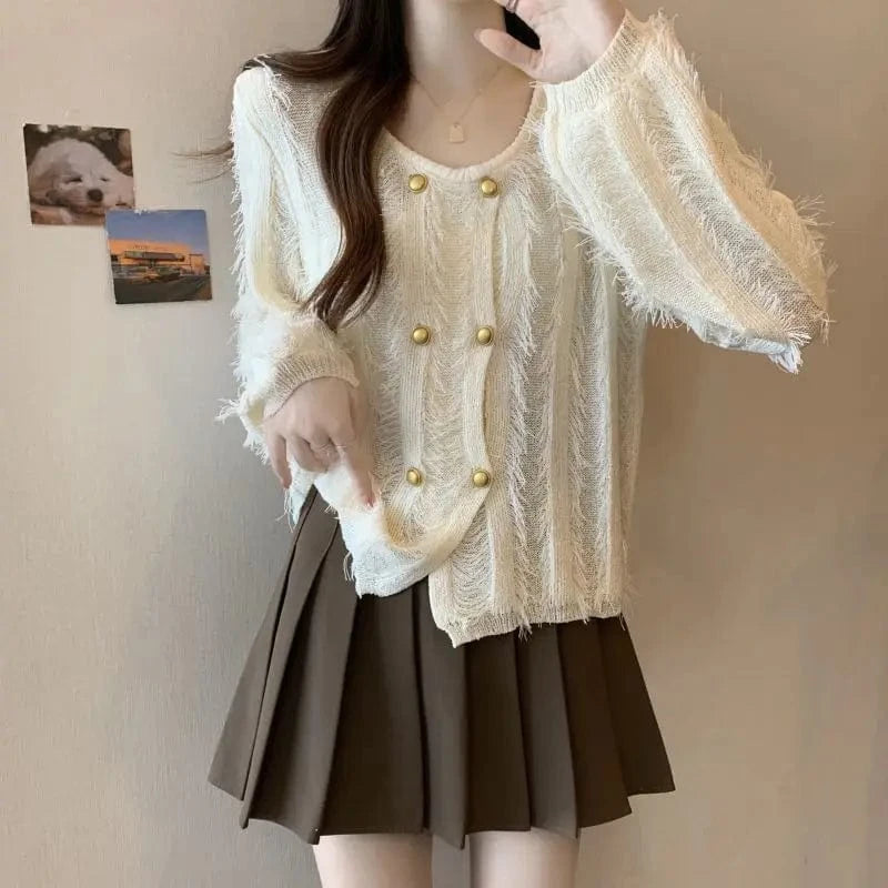 Free / Apricot 2024 women new arrival crew neck long sleeve loose spring thin tassel sweater cardigan
