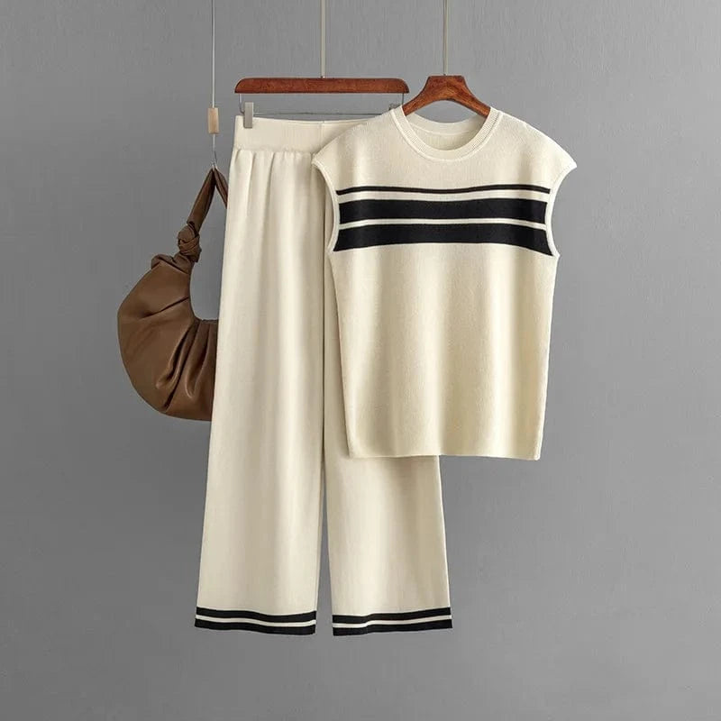 Free / Apricot Boutique Wholesale 2024 Autumn New Loose Contrast Stripe Sleeveless Top High Waist Wide Leg Pants Women's Set