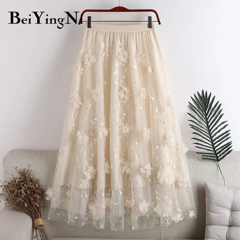 Free / Apricot Floral Beautiful Long Midi Pleated Skirt Women Dance Cute Sweet Elastic Waist A-line Skirts for Womans