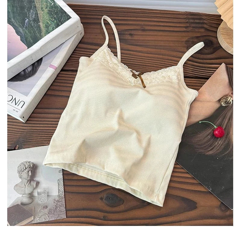 Free / Apricot Lace Patchwork Sweet Straps Tank Top Women Bow Basic Underwear 2024 Spring Summer Outwear Camis Female Beauty Back Bras