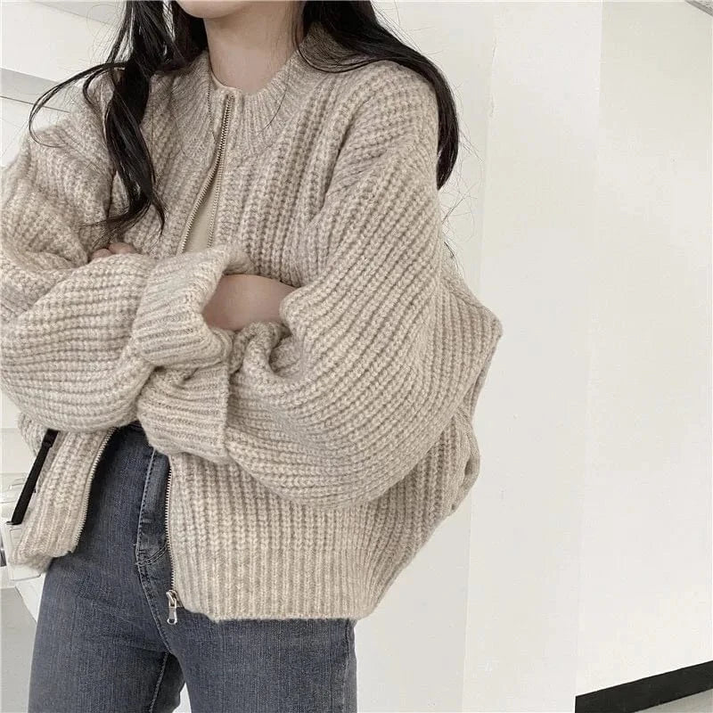 Free / Apricot Liu Ming Korean Style Fashion Women Casual Warm Zipper Loose Jacket Coats Knitting Sweater