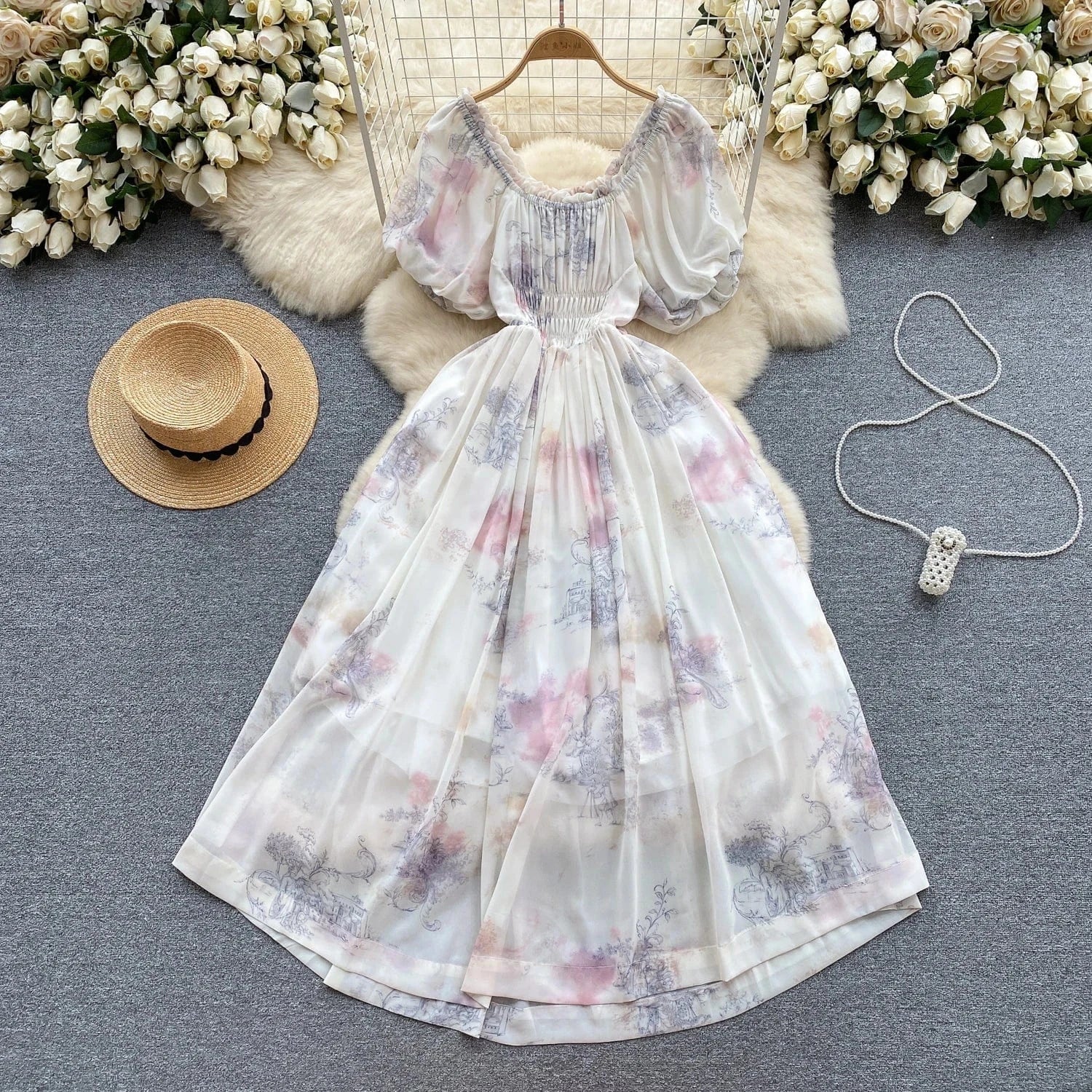 Free / apricot New 2024 Korean Chic Floral Print Puff Sleeve Slim Waist Dress Women Dresses Wholesale
