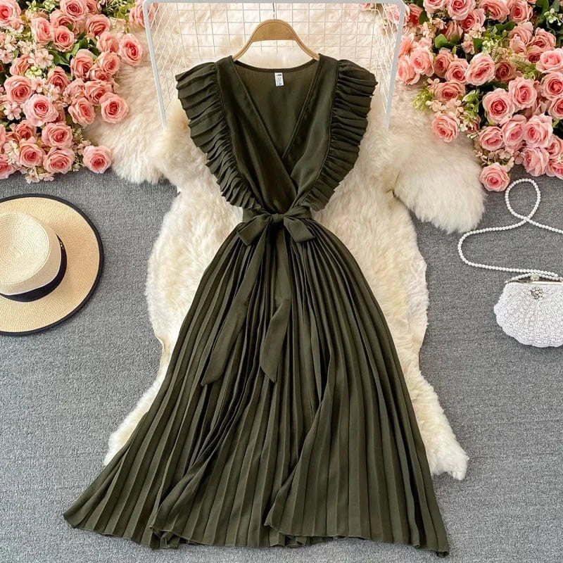 Free / Army Green Summer Hepburn Style Women Dress Ruffles Sashes Chiffon Fashion Elegant Pleated V-neck Dresses for Ladies Casual Vintage Vestido