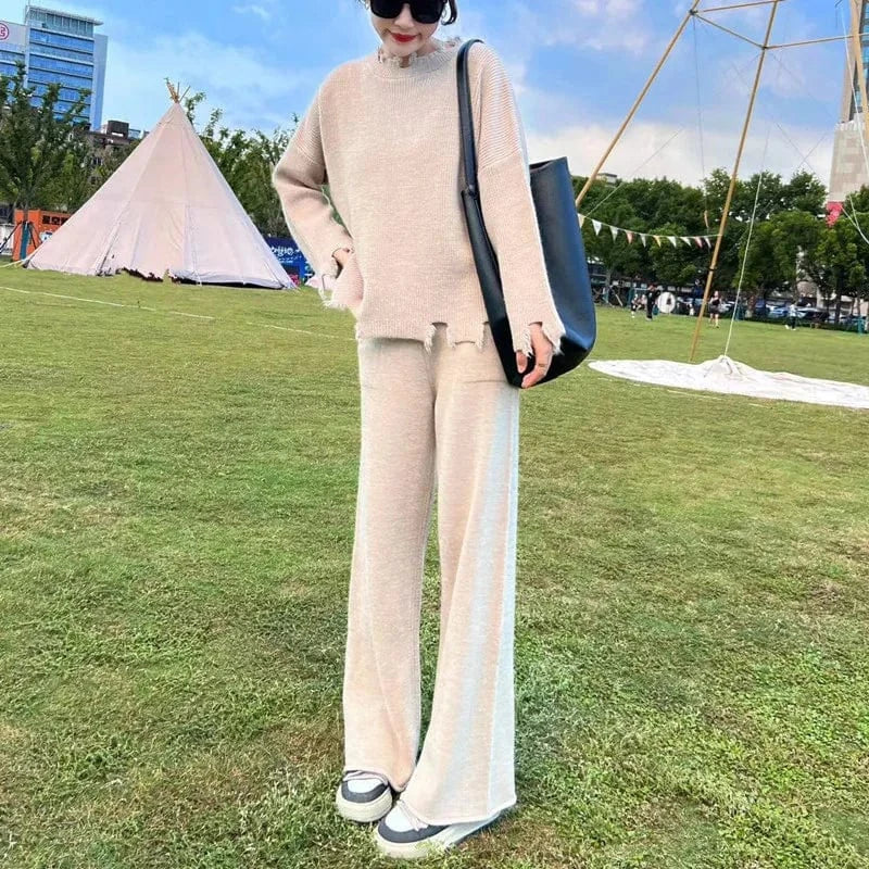 Free / Beige 2024 Spring and Autumn high quality crewneck long sleeve loose solid color knit sweater two skirt set