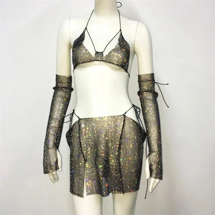 Free / Black 2 Rhinestone Fishnet 3 Piece Outfits Sexy Fishnet Gloves + Bikinis + Mini Skirt Women Nightclub Party Sets